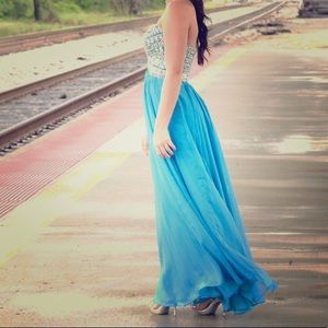 Jovani strapless peacock blue gown